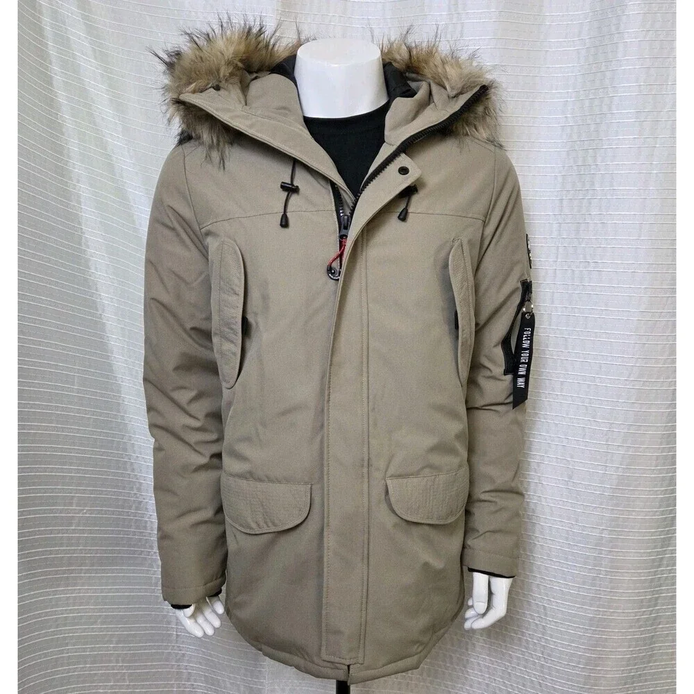 Molemsx Mountain Pioneers Parka Omni Heat Puffer Faux Fur Trim Tan Men's S/M - Picture 3 of 16